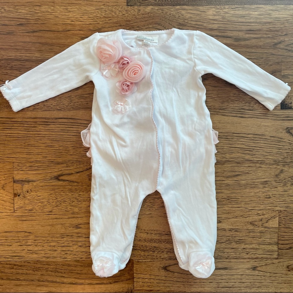 Miniclasix Baby Girl White with Pink, Long Sleeved, Floral, Snap Up, Onesie 6M